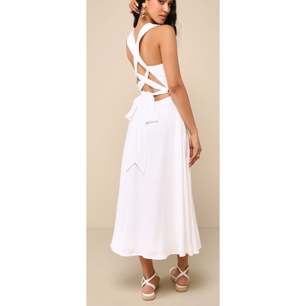 NWT‎ Lulus Sunny Energy White Linen Lace-Up Midi Dress with Pockets Sz Small